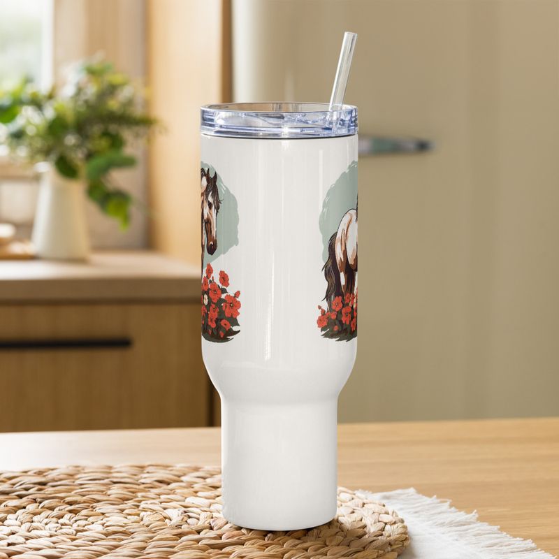 Travel Mug, Cattle, Brown horse in field of red flowers, n4w2fj