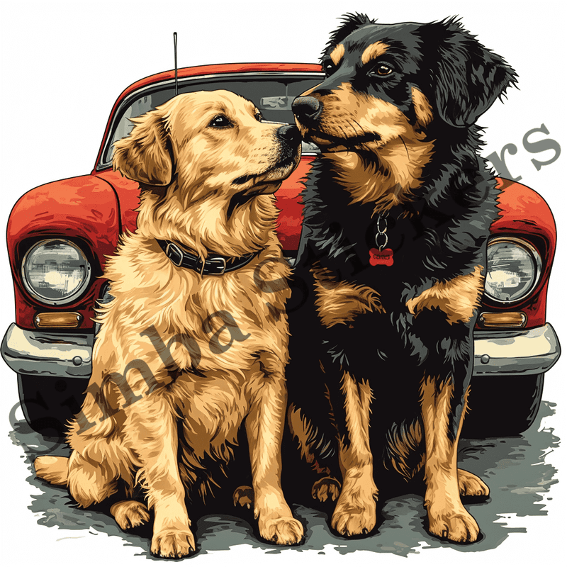 Dogs snuggling by car, watercolour, image set, 10 images