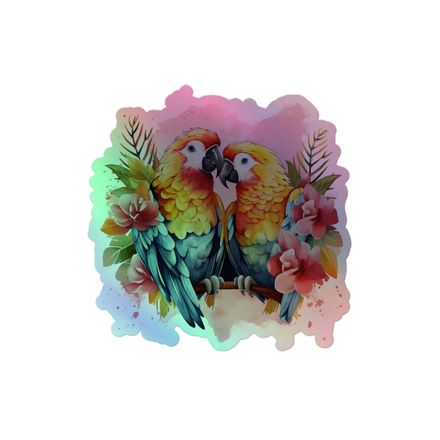 Kiss-Cut Holographic Sticker, Parrots in love among flowers in pinkish background, nvcywh