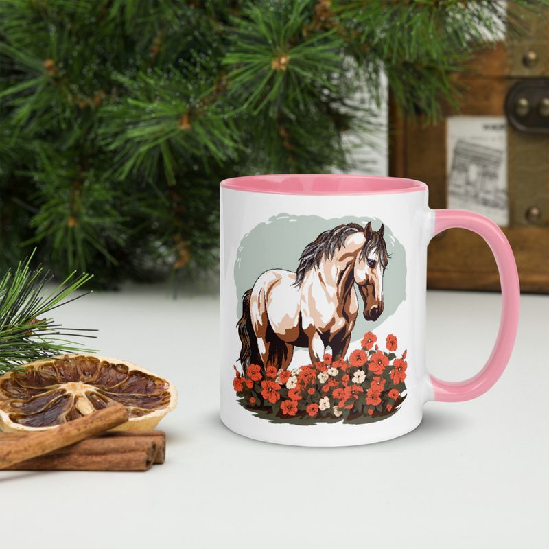 White Ceramic Mug with Color Inside, 11&amp;15oz, Brown horse in field of red flowers, n4w2fj