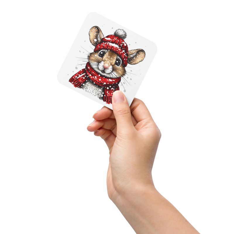 Cork-Back Coaster, Mouse wearing red winter hat and scarf in the snow, xg8dl3, mirrored