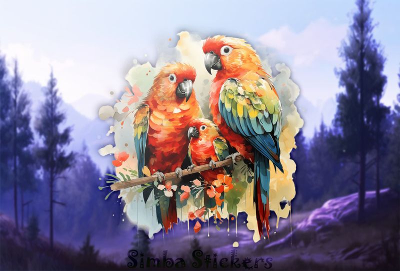 Parrots in love with youngling in between them, 910piu