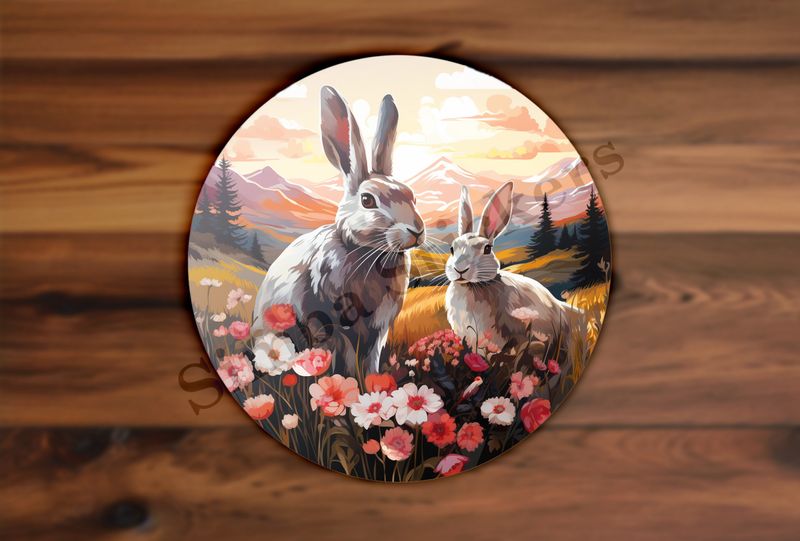 Rabbits in love amongst flowers in green fields, oil painting