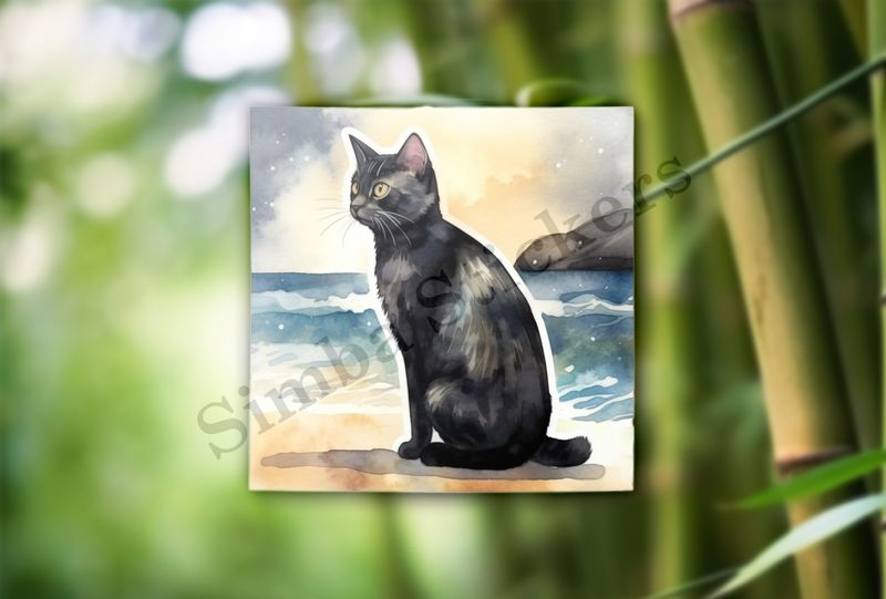 Cat, black, on the beach, watercolour