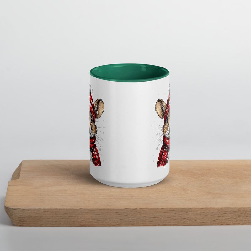 White Ceramic Mug with Color Inside, 11&amp;15oz, Mouse wearing red winter hat and scarf in snow, xg8dl3