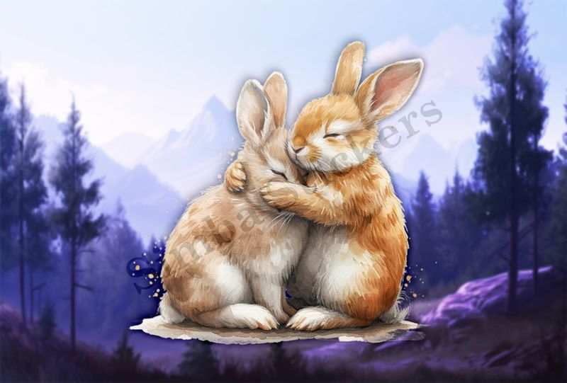 Bunnies in love , one hugging the other affectionately