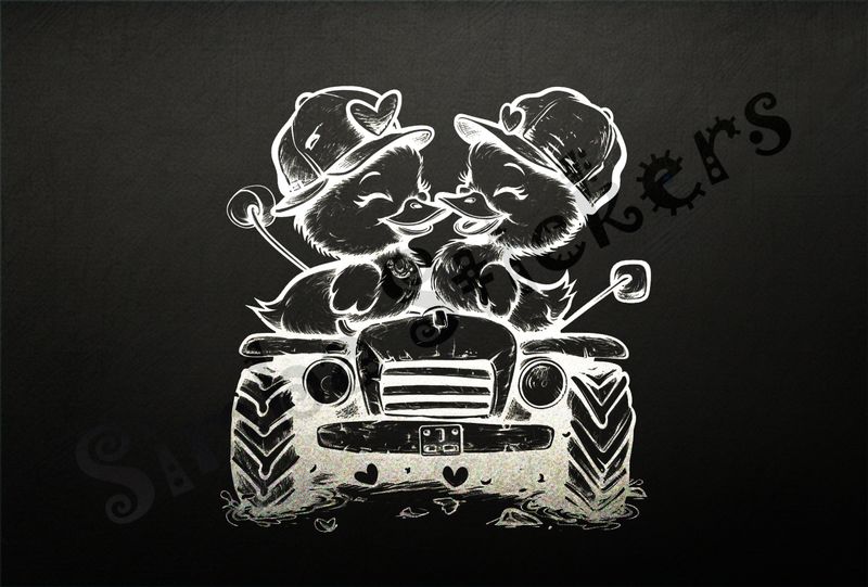 Ducklings in farmer&#x27;s hats beak-to-beak on tractor outline art