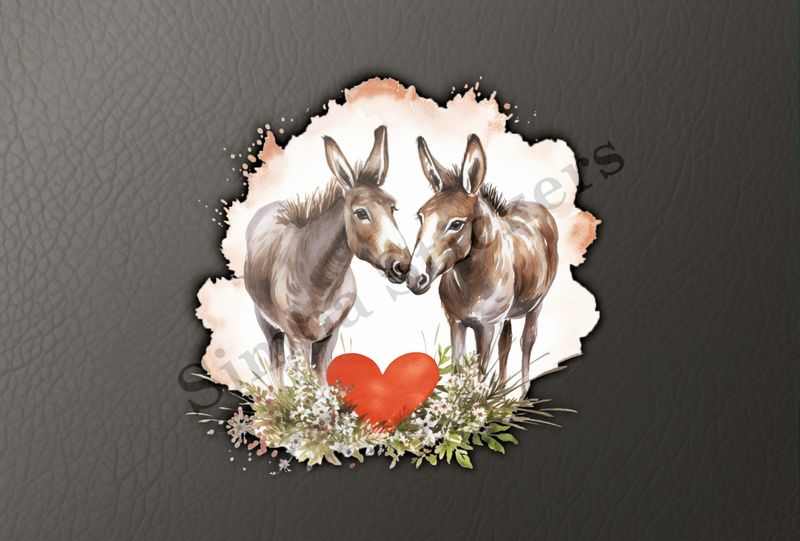 Donkeys in love, big heart in front, watercolour