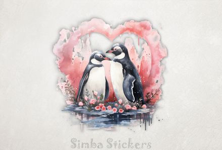 Penguins in love beak-to-beak in romantic flowers, watercolour, 0cqdo6