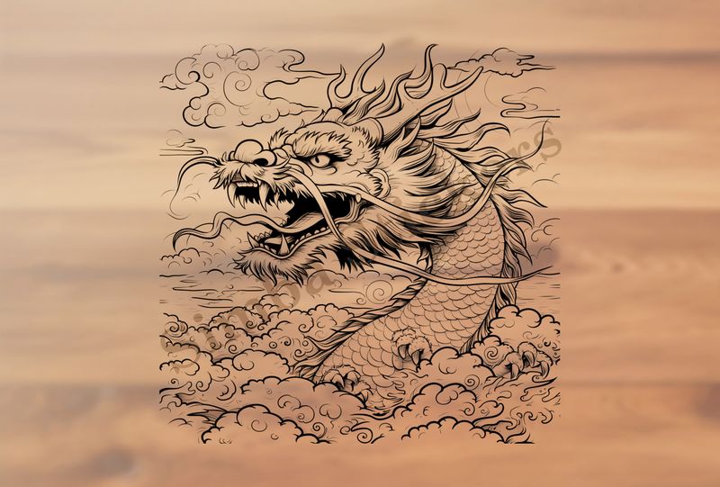 Chinese dragon rising out of the mist, outline art