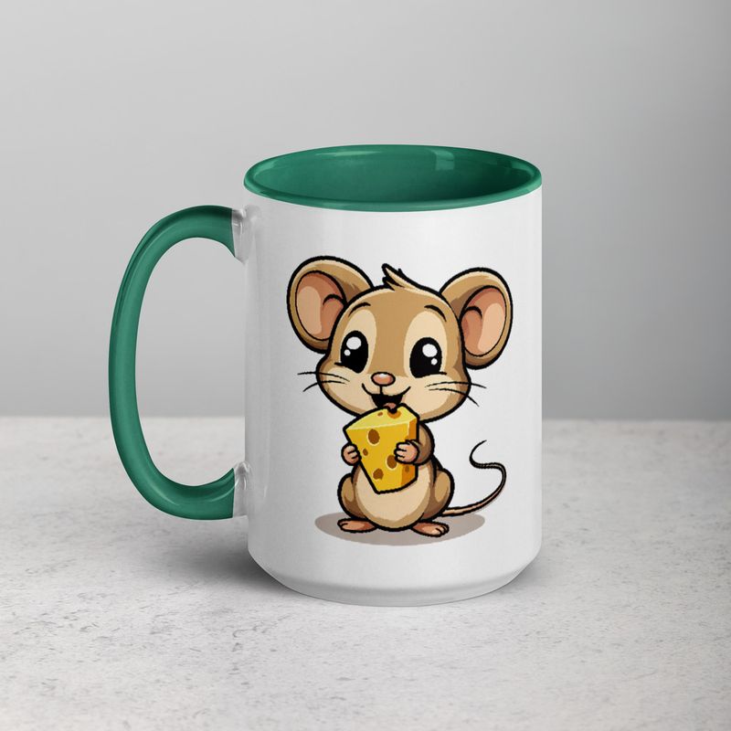 White Ceramic Mug with Color Inside,11&amp;15oz,Small Mouse happily licking large chunk of cheese,pqapy6