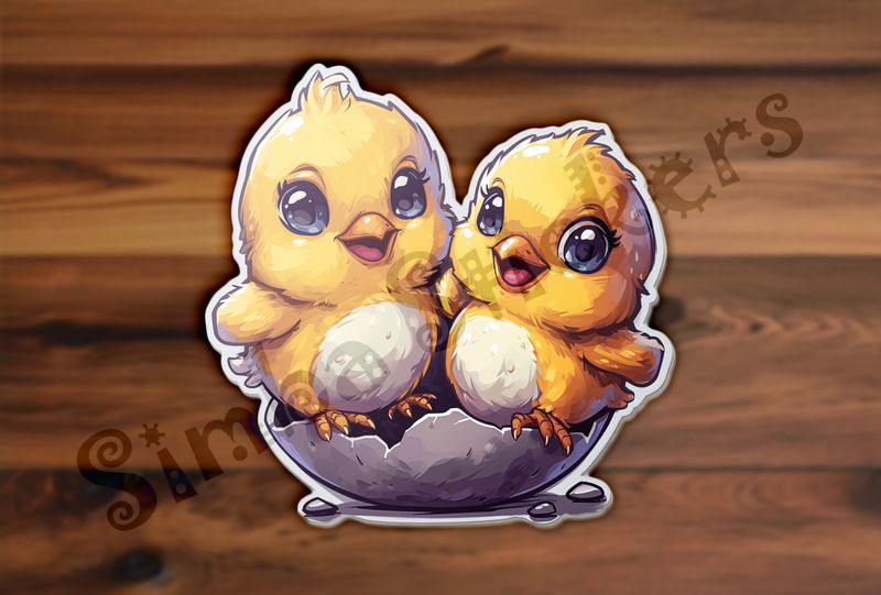 Happy Chick twins standing on eggshell