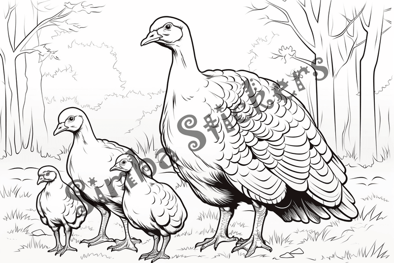 Colouring pages, bundle of turkey mother with poults, 10 images