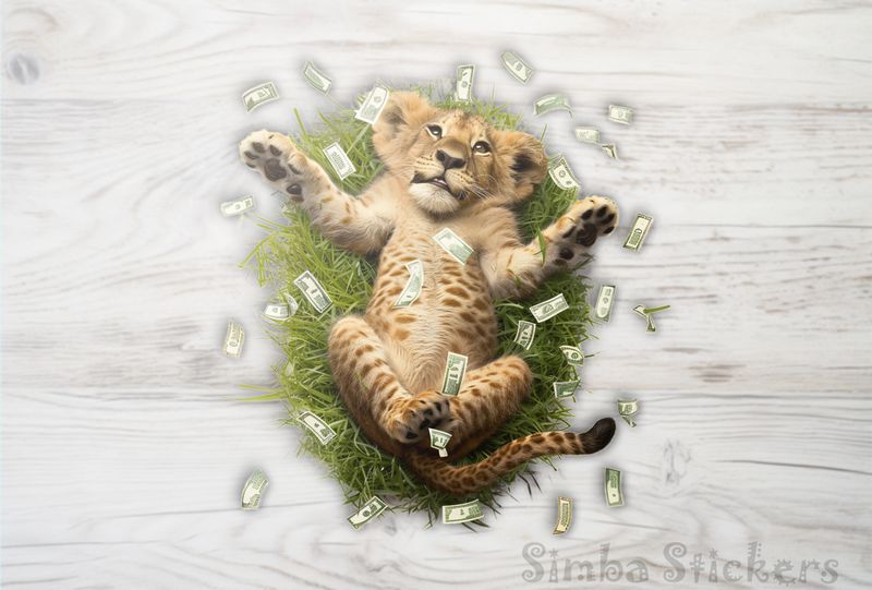 Simba Lion cub lying down surrounded by money in the air