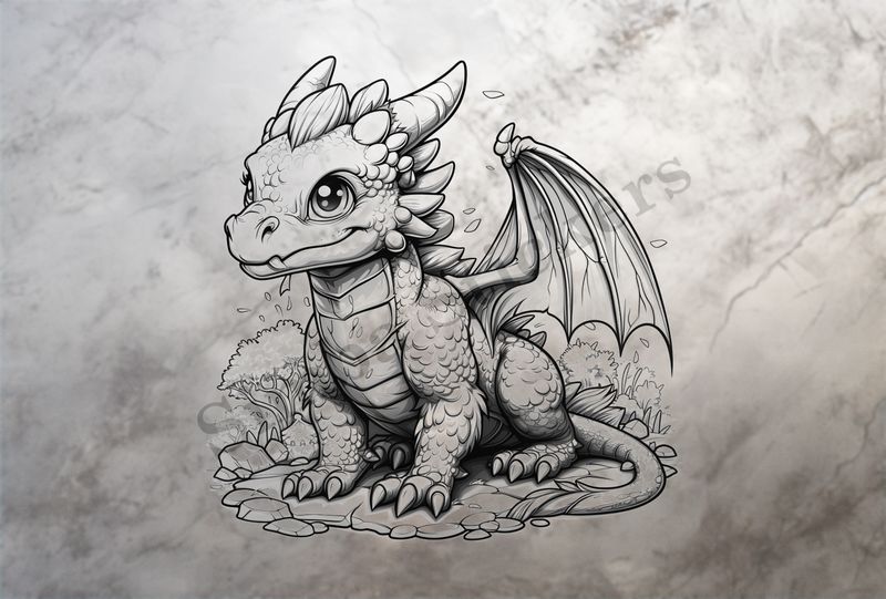 Baby dragon, one wing spread out, outline art