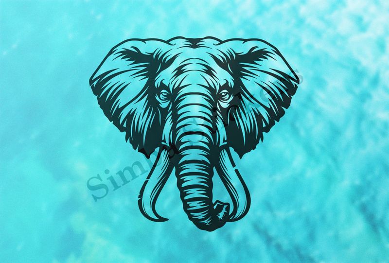 Elephant, face with large trunk and tusks, outline art