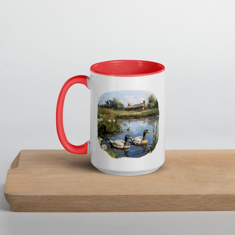 White Ceramic Mug with Color Inside, 11 &amp;15oz, Ducks in love swimming in farmhouse pond 