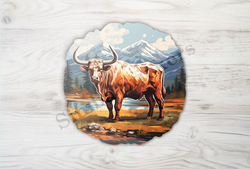 Bull grazing, mountains in background, oil painting