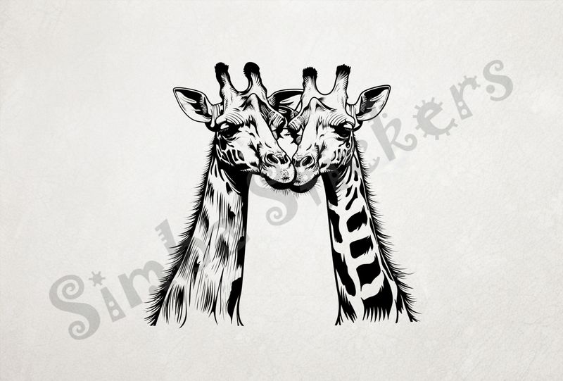 Giraffes nose-to-nose in love, outline art