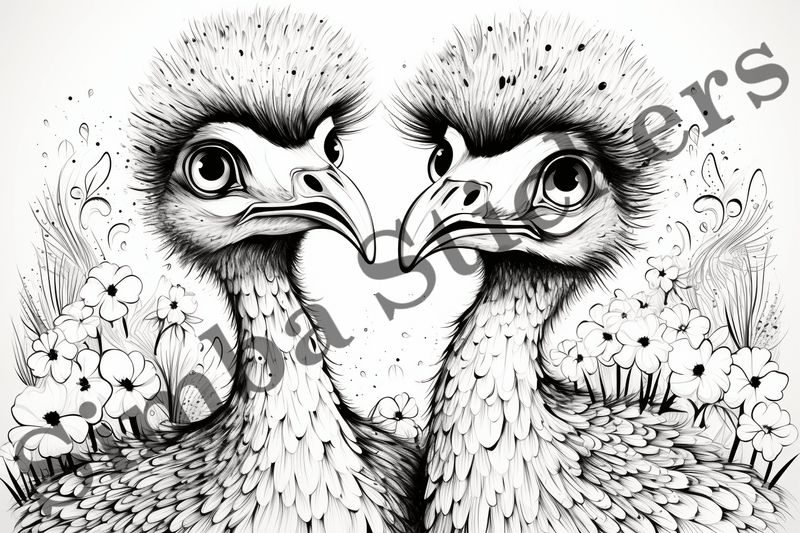 Colouring pages, Bundle of ostriches in love, 10 images