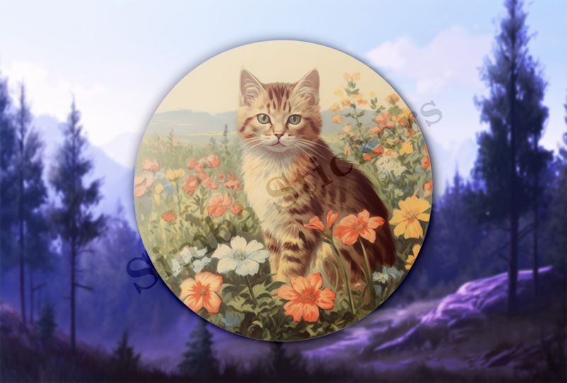 Vintage cat in flower field