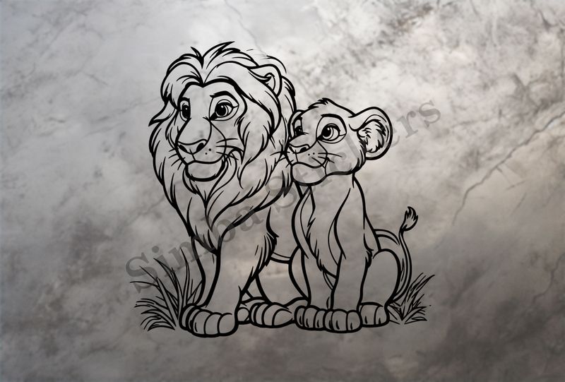 Male lion with cub, outline art