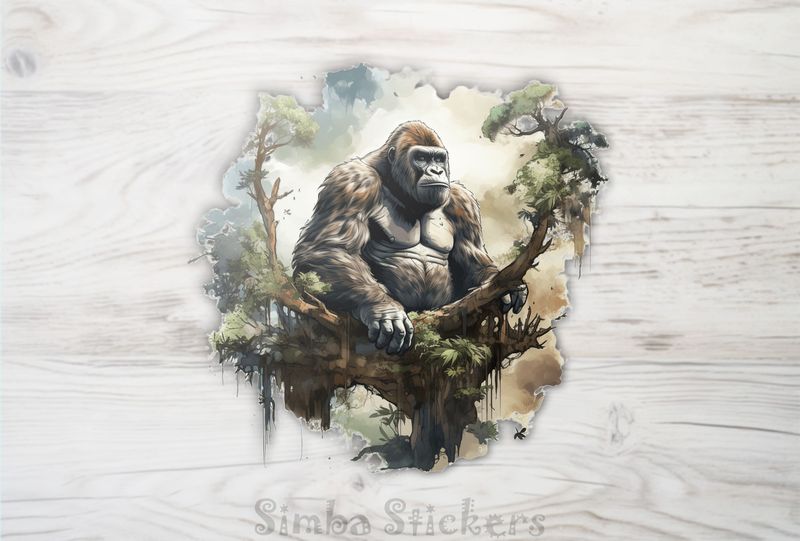 Gorilla thoughtfully sitting on a branch in a high tree, dx7sp5