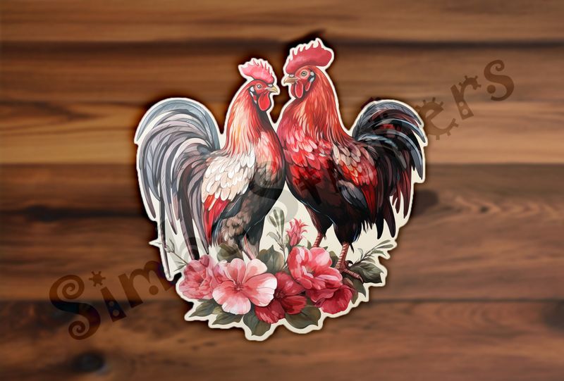 Rooster and hen chicken in love, flowers at their feet, watercolour