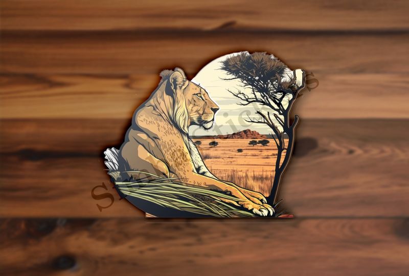 Female lion sitting in the Savanna