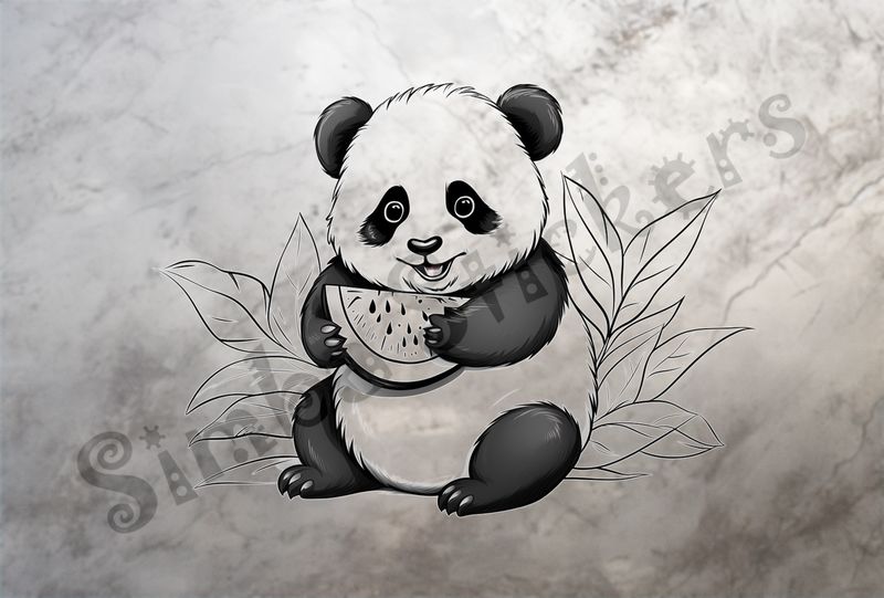 Panda happy holding watermelon, outline art, 9tbptt