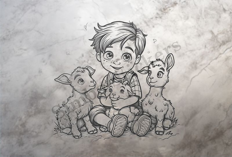 Goat kids with boy, one hugged, outline art