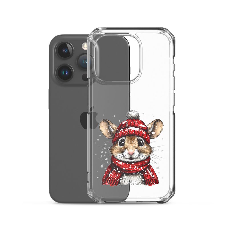 Clear Case for iPhone, Mouse wearing red winter hat and scarf in the snow, xg8dl3