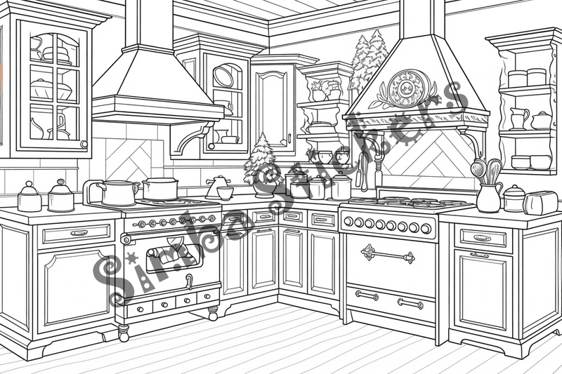 Colouring pages, bundle of house kitchens, 25 images