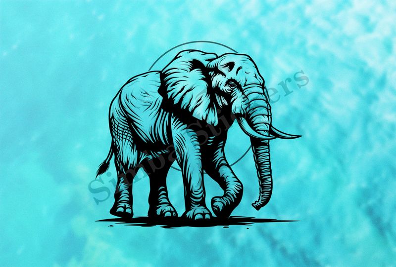 Elephant, side view with background halo, outline art