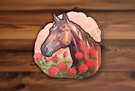 Brown horse smelling red roses