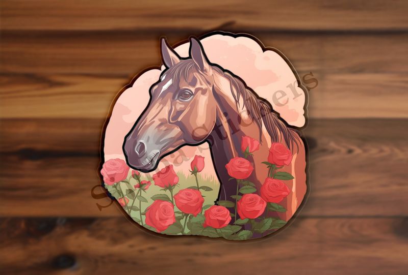 Brown horse smelling red roses