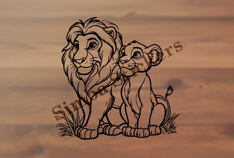 Male lion with cub, outline art