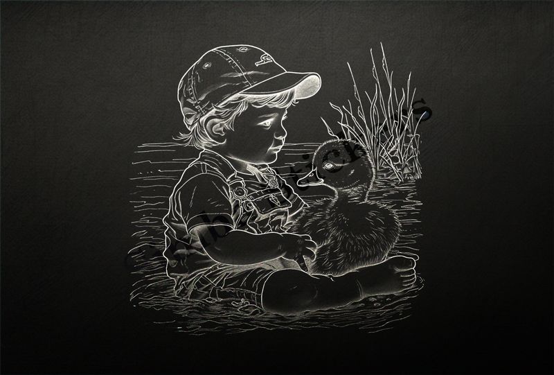 Duck embraced by small boy wearing a cap, outline art