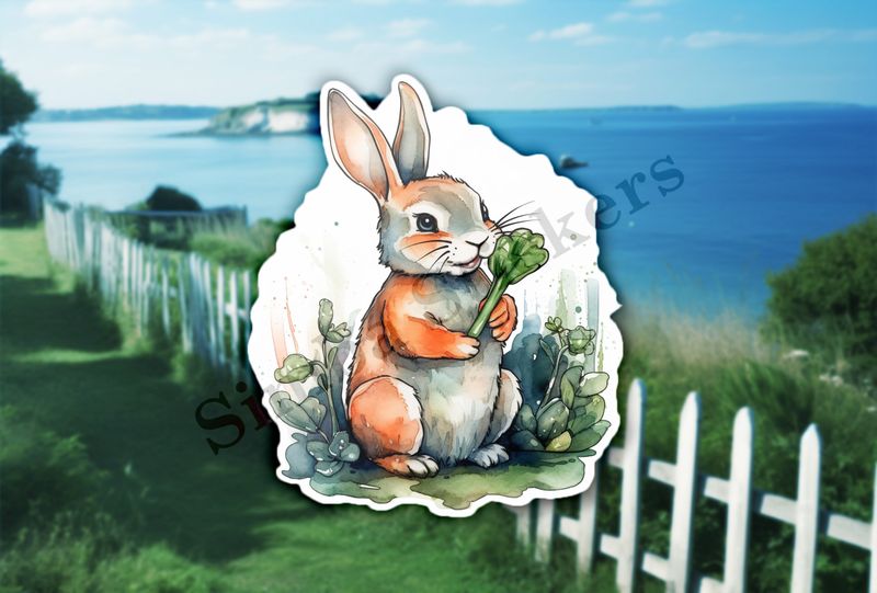 Rabbit holding leafy greens, watercolour