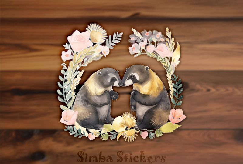 Honey Badgers surrounded by romantic laurel wreath, watercolour, mncsz5