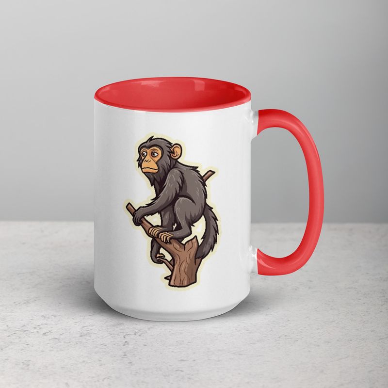 White Ceramic Mug with Color Inside, 11oz &amp; 15oz, Baboon on a tree, looking sad, head-to-head
