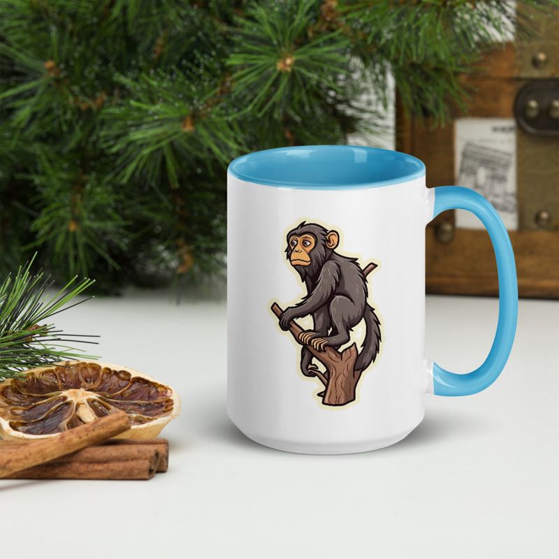 White Ceramic Mug with Color Inside, 11oz &amp; 15oz, Baboon on a tree, looking sad, head-to-head