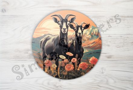 Goats in love, in flowery mountain range