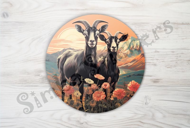 Goats in love, in flowery mountain range