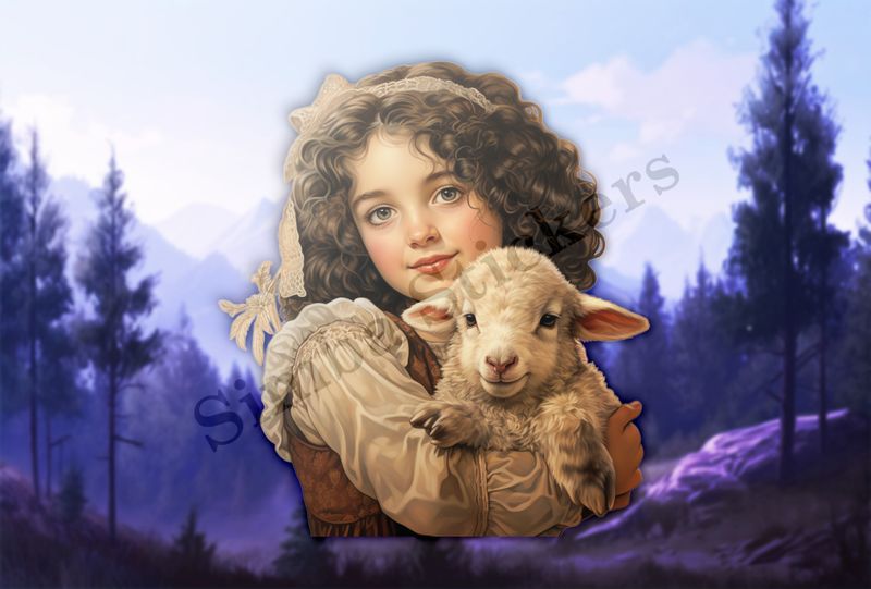 Cute lamb in the arms of Mediterranean girl with laced hair, vintage