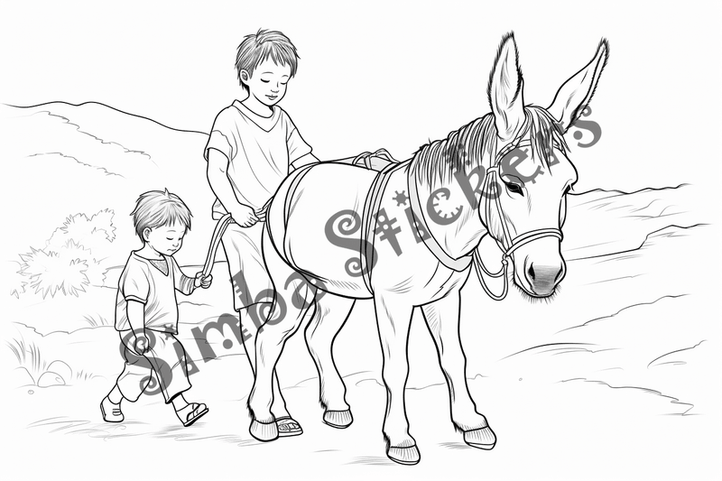 Colouring pages, bundle of donkeys with children, 25 images