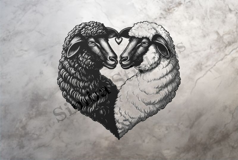 Sheep in love, one white, one black, forming a heart, outline art