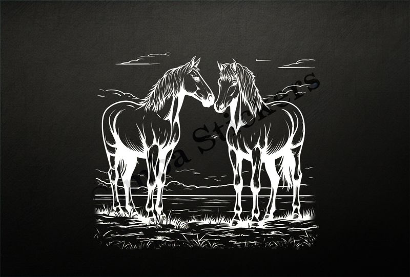 Horses in love, standing, outline art