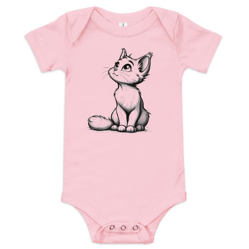 Baby Short Sleeve One Piece, 3-24 Months, Cat kitten sitting up, looking cute, mirrored
