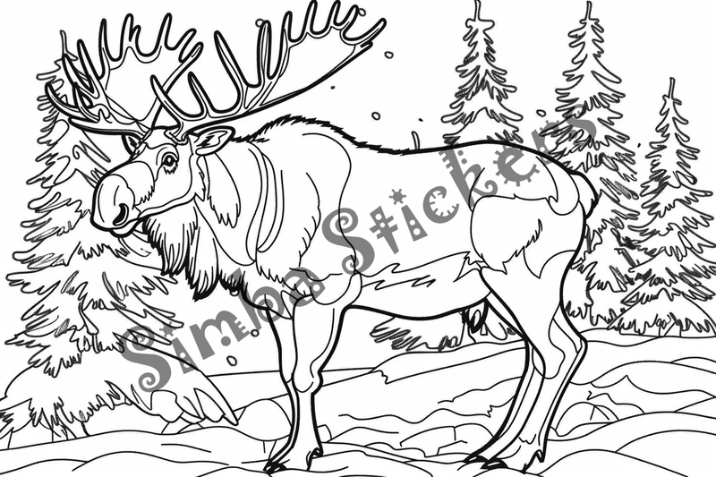 Colouring pages, Bundle of moose in thes snow, 10 images